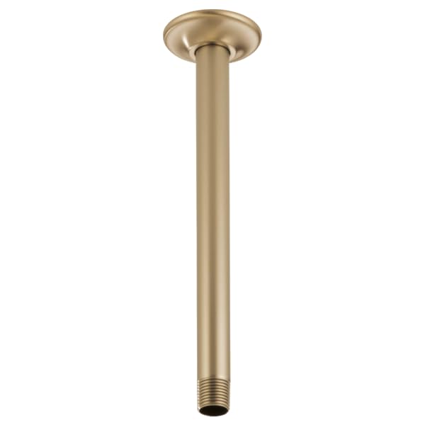 Luxe gold ceiling mount shower arm with round flange and threaded connection point.