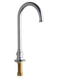 Chrome single-handle tall gooseneck faucet with brass base connection fitting.