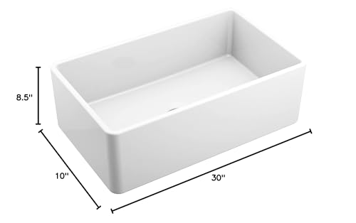 White fireclay apron front single bowl undermount kitchen sink, 30 inches wide with 8.5 inch depth.