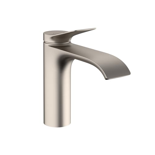 Brushed nickel single-hole bathroom faucet with curved spout and lever handle.