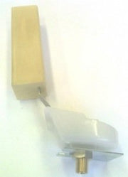 Brass float valve assembly with yellow foam float and white plastic valve body.