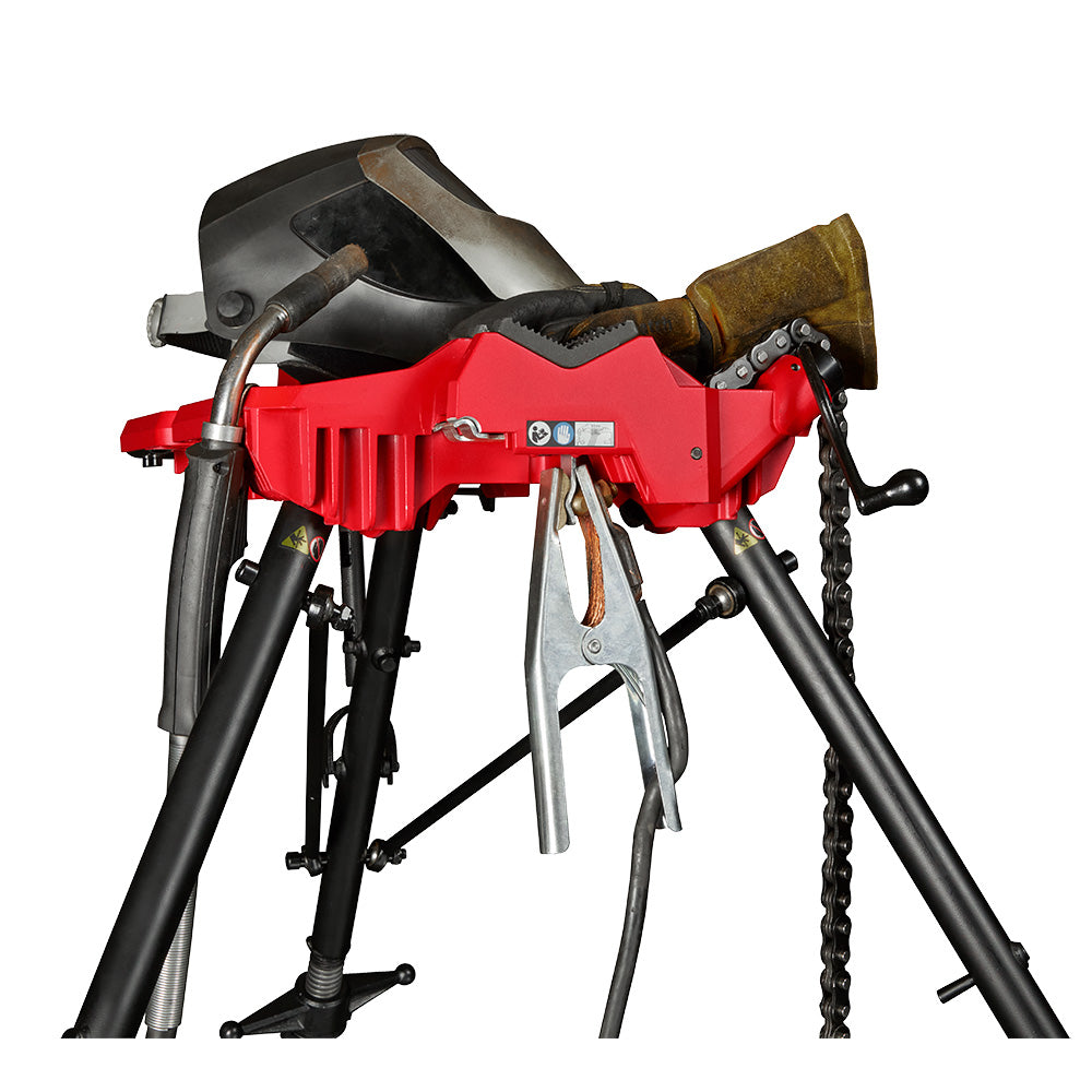 Red and black chain vise mounted on tripod stand with adjustable legs and chain mechanism.