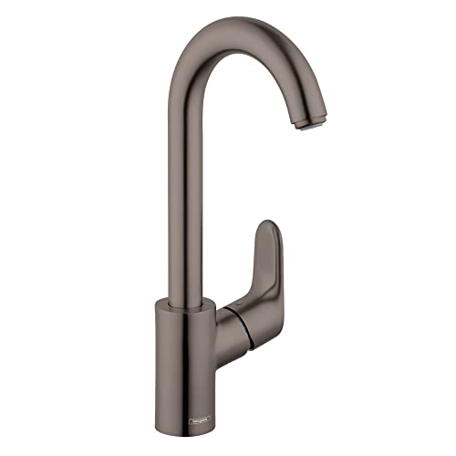 Brushed black chrome bar faucet with curved spout and single lever handle.