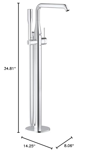Chrome freestanding tub faucet with single handle, curved spout, and detachable hand shower, 34.81 inches tall.
