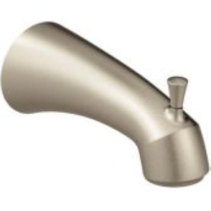 Brushed nickel curved tub spout with diverter knob on angled end.