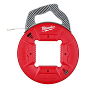Red and gray Milwaukee fish tape reel with stainless steel tape extending from the side.