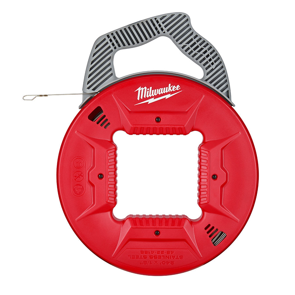 Red and gray Milwaukee fish tape reel with stainless steel tape extending from the side.