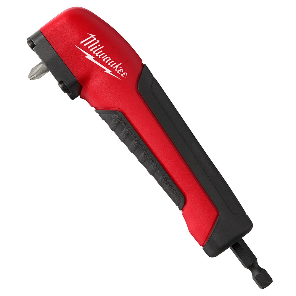 Red and black Milwaukee Shockwave right angle adapter with metal drive bit and rubber grip handle.