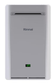 Silver Rinnai tankless water heater with digital display showing temperature, front-facing view.