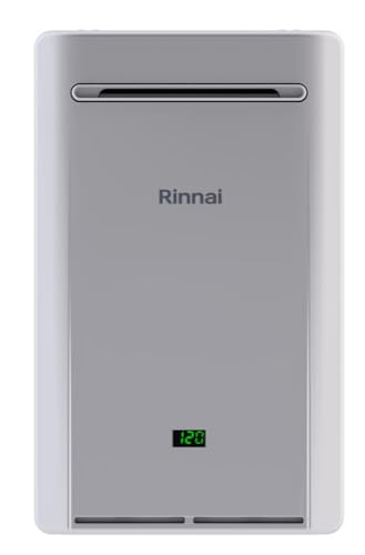 Silver Rinnai tankless water heater with digital display showing temperature, front-facing view.