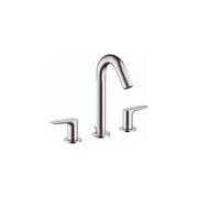 Chrome widespread bathroom faucet with curved spout and two lever handles on white background.