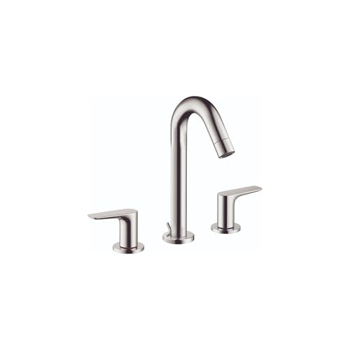 Chrome widespread bathroom faucet with curved spout and two lever handles on white background.
