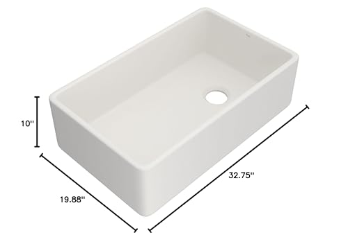 White fireclay farmhouse apron front sink with single bowl, drain hole, and dimensions of 32.75" x 19.88" x 10".