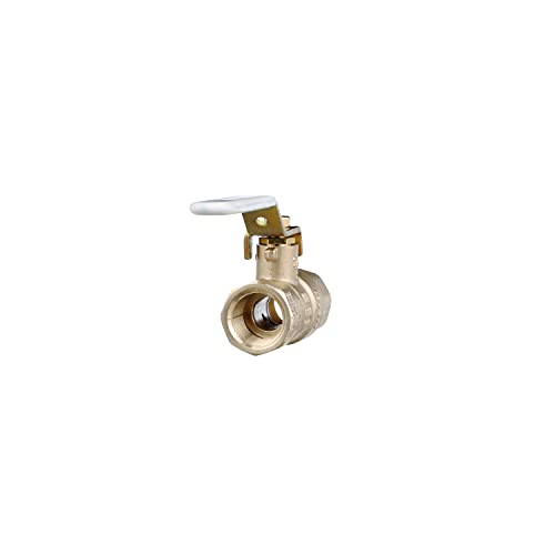 Brass ball valve with white lever handle and female threaded ports on both ends.