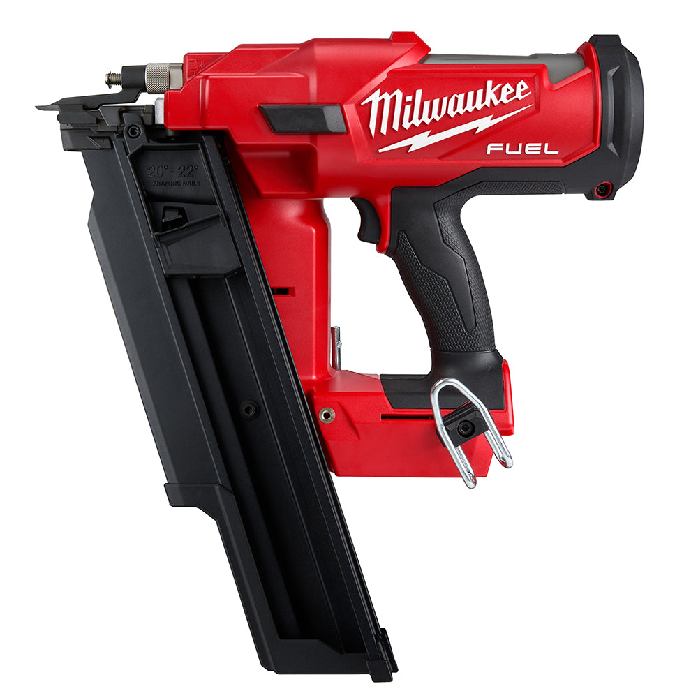 Milwaukee M18 FUEL 21-degree framing nailer with red body, black grip, and nail magazine, shown at angle against white backgr