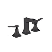 Matte black three-piece widespread bathroom faucet with lever handles and arched central spout.