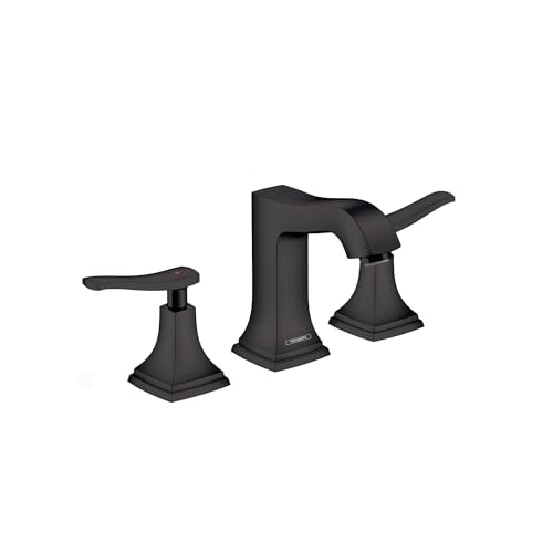 Matte black three-piece widespread bathroom faucet with lever handles and arched central spout.