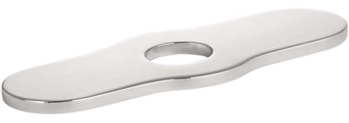 Chrome base plate with curved edges and center hole cutout for single-hole faucet installation.