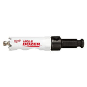Milwaukee 3/4" bi-metal hole saw with white body, red text, black arbor, and metal cutting teeth.