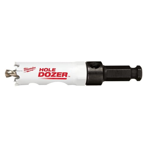 Milwaukee 3/4" bi-metal hole saw with white body, red text, black arbor, and metal cutting teeth.