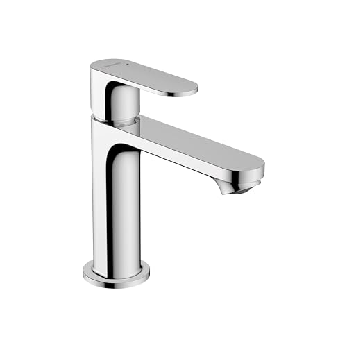 Chrome single-hole bathroom faucet with cylindrical body and angled spout.