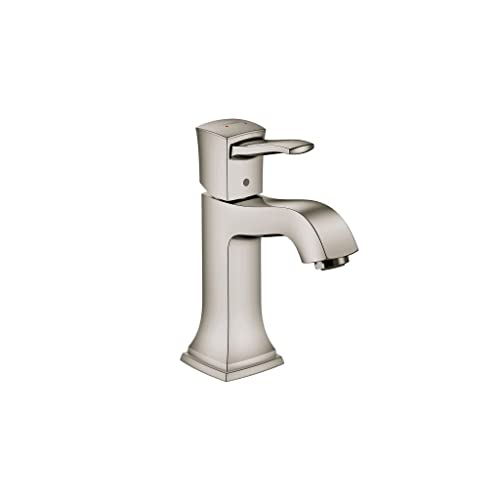 Polished nickel single-hole bathroom faucet with tall squared spout and lever handle.