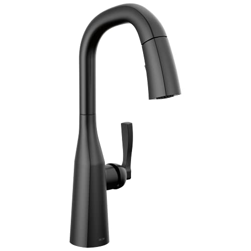 Black single-handle pull-down kitchen faucet with curved spout and ergonomic lever handle.