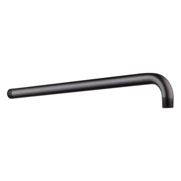 Matte black curved shower arm with threaded connection end on right side.