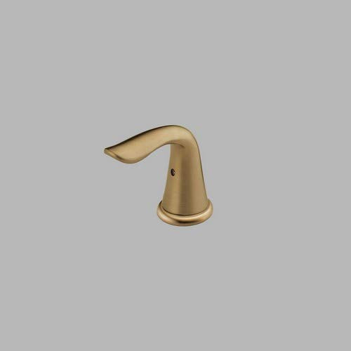 Champagne bronze metal lever handle with curved spout design and rounded base for bathroom faucet.
