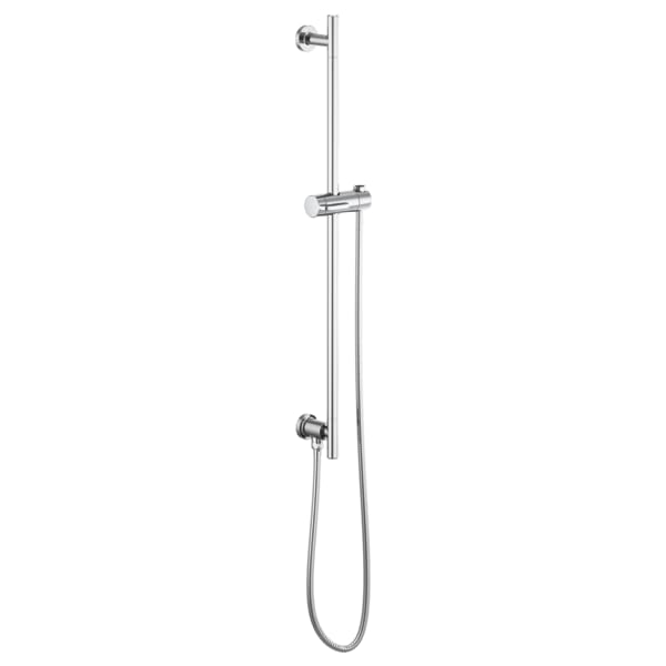 Polished chrome shower slide bar with adjustable handshower bracket and flexible hose attachment.