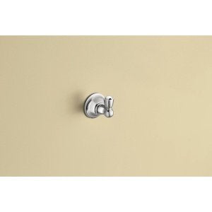 Brushed nickel wall-mount robe hook with chrome trim and cylindrical hanging post.