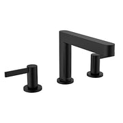 Matte black three-piece widespread faucet with cylindrical spout and lever handle on left side.