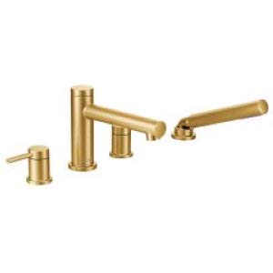 Brushed gold two-handle deck mount Roman tub faucet set with handheld showerhead and tub spout.