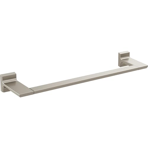 Brushed nickel towel bar with square mounting brackets on each end, 18 inches long.