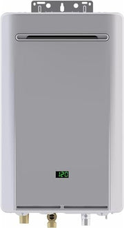 Silver rectangular tankless water heater with digital display and mounting bracket, featuring outlet ports at base.