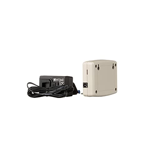 Cream-colored cylindrical timer unit with mounting holes next to black power adapter with coiled cord.