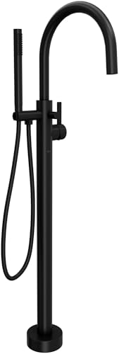 Matte black floor-mount tub filler with curved spout, hand shower, and control lever.