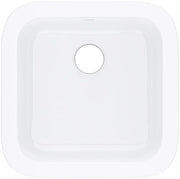 White fireclay single bowl bar sink with rounded corners and centered drain hole.