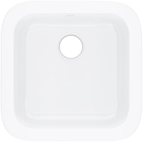 White fireclay single bowl bar sink with rounded corners and centered drain hole.