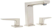 Brushed nickel three-piece widespread faucet with tall central spout and two lever handles on square bases.
