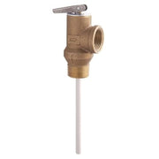 Brass T&P relief valve with lever handle and white discharge tube extending downward.