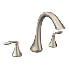 Brushed nickel three-piece faucet trim with curved spout and two lever handles.