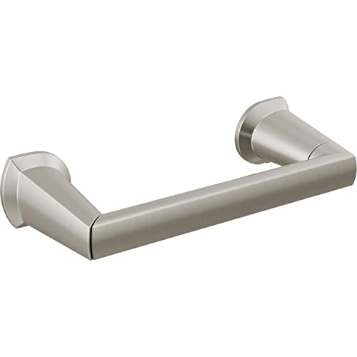 Brushed nickel pivoting tissue holder with cylindrical mounting brackets on each end.