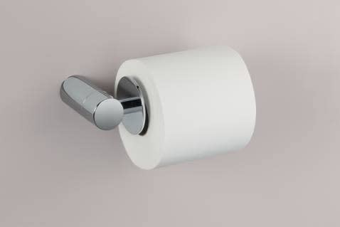 Chrome paper holder with cylindrical roll mounted on wall bracket with lever handle.