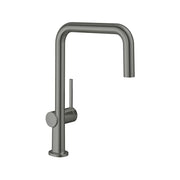 Brushed black chrome kitchen faucet with U-shaped spout and single lever handle on round base.
