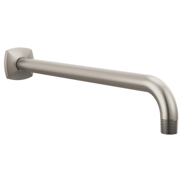 Brushed nickel curved shower arm with square wall-mounted flange and threaded end connection.