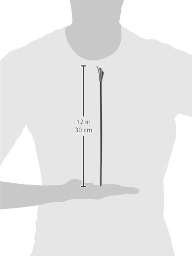 Stainless steel lift rod and finial measuring 12 inches displayed against torso for scale reference.