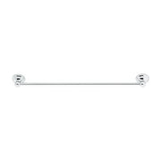 Brushed nickel 24-inch straight towel bar with circular wall-mounted flanges on each end.