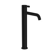 Tall matte black single-hole bathroom faucet with curved spout and lever handle.