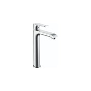 Chrome single-hole bathroom faucet with tall cylindrical base and curved spout.